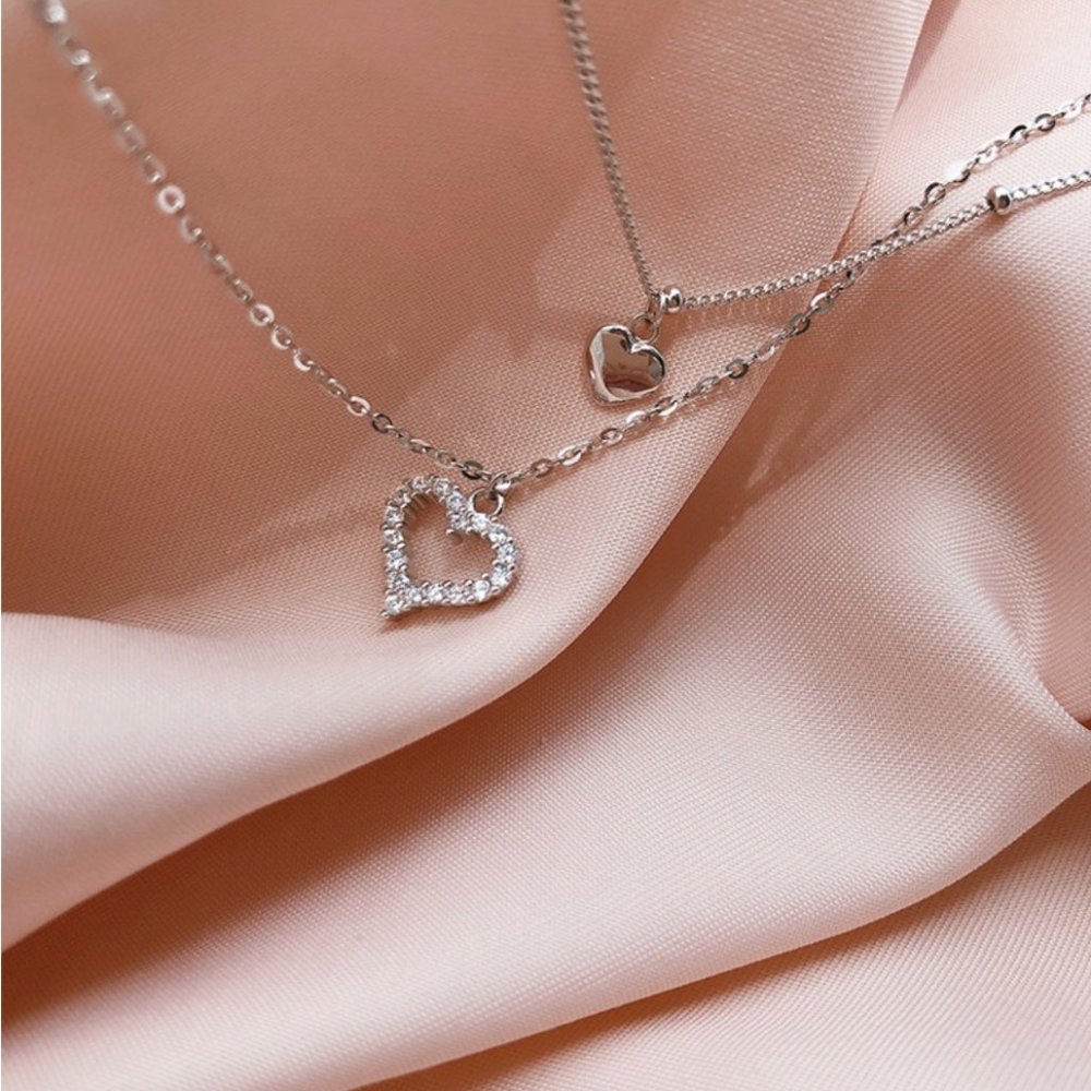 925 Sterling Silver Double Layer Heart Necklace Choker-NEW - Picture 4 of 16